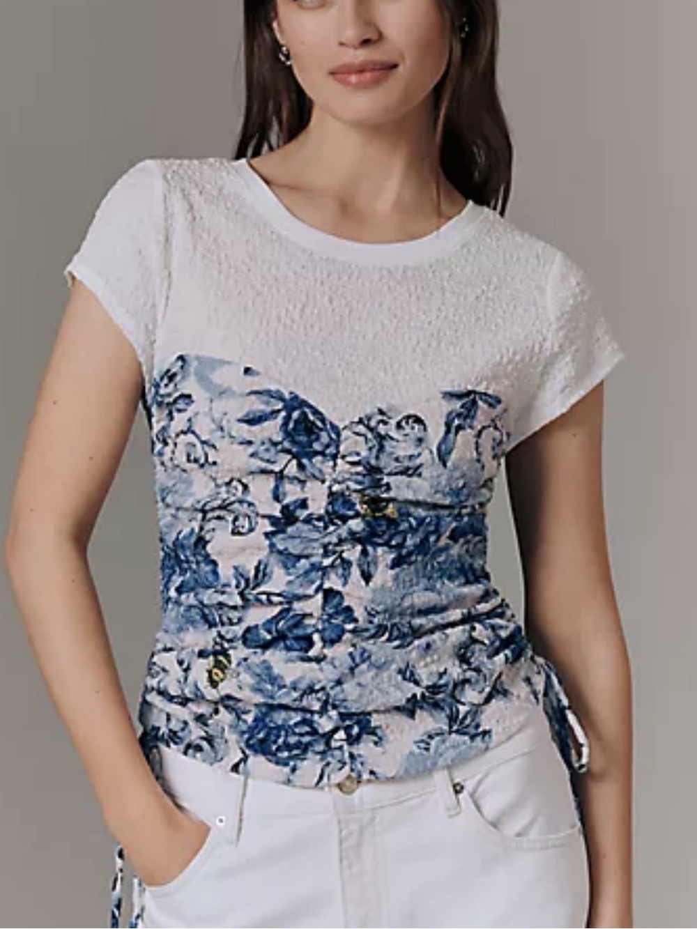 Anthropologie Maeve Ruched Corset White Blue Floral Short Sleeve Top, Size L